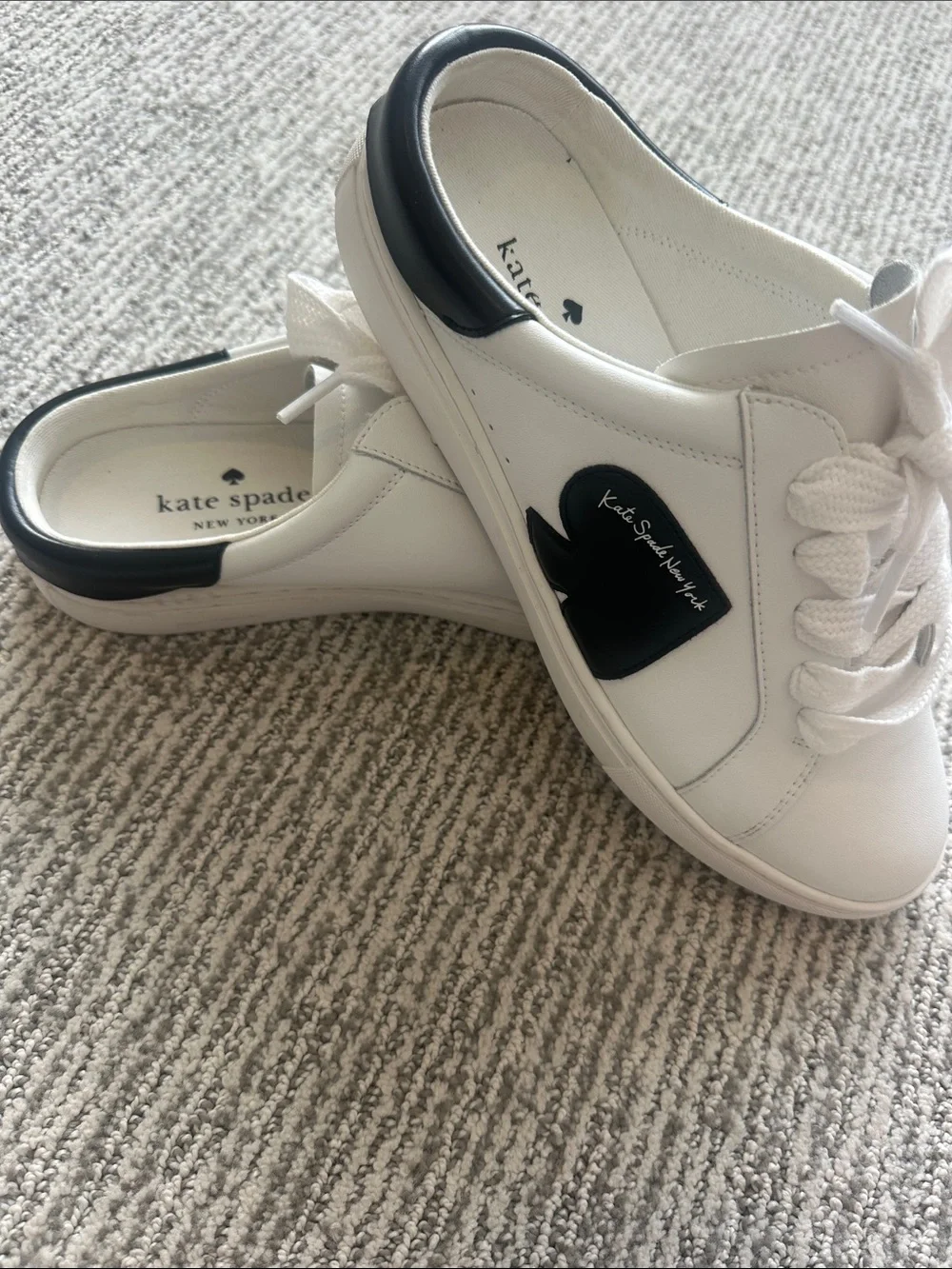 kate spade White Leather Sneakers with Black Heart Accent
